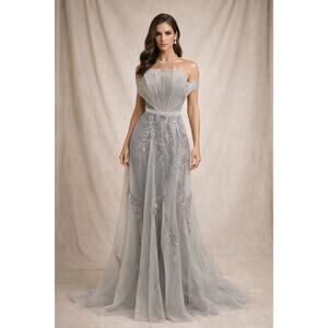 Amir Sali Custom 1 of 1 Silver Blue Beaded Tulle Gown Luxury Dress Size 6